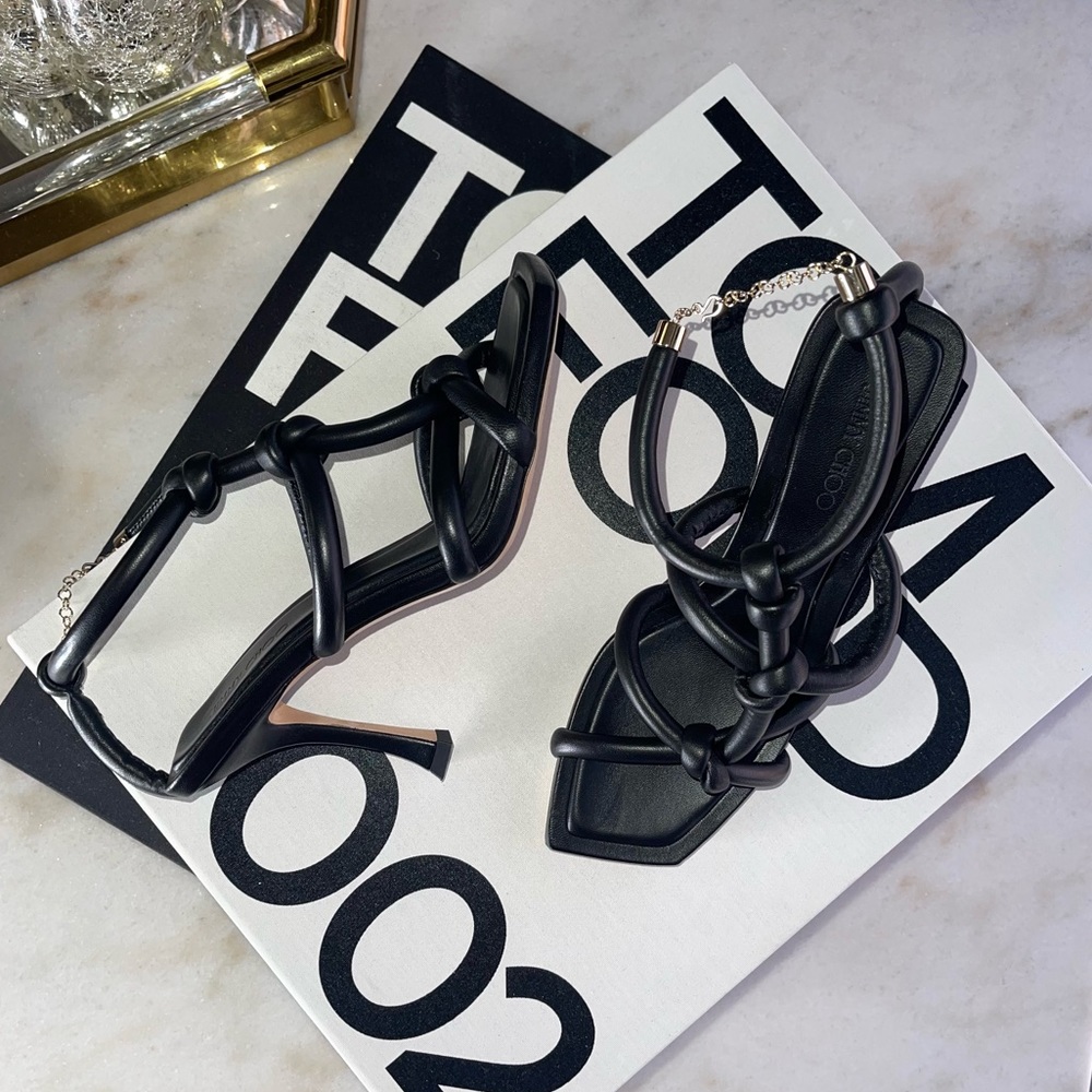 New Jimmy Choo Bay 90 Open Toe Sandal in Black Leather Womens 37.5 New NIB - Picture 5 of 17